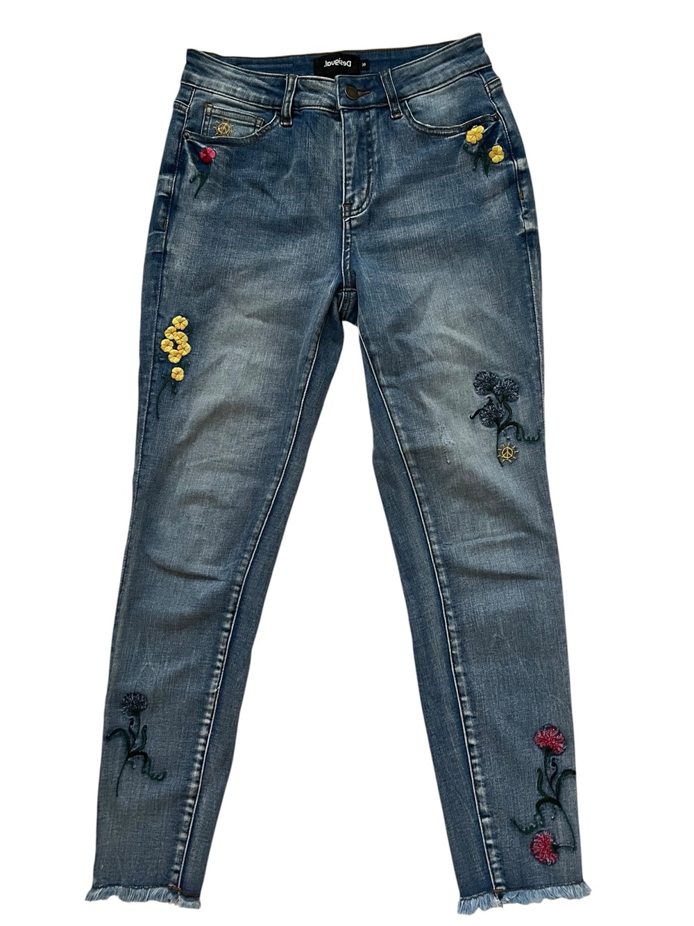 Desigual Floral Embroidered Jeans Frayed Ankle Hem Boho Cottagecore US 28